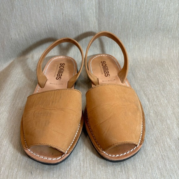 SOLILLAS Sz 41 Leather Avarca Menorca Slip On Slides Flats Tan Peep Toe Sandals - Picture 3 of 12